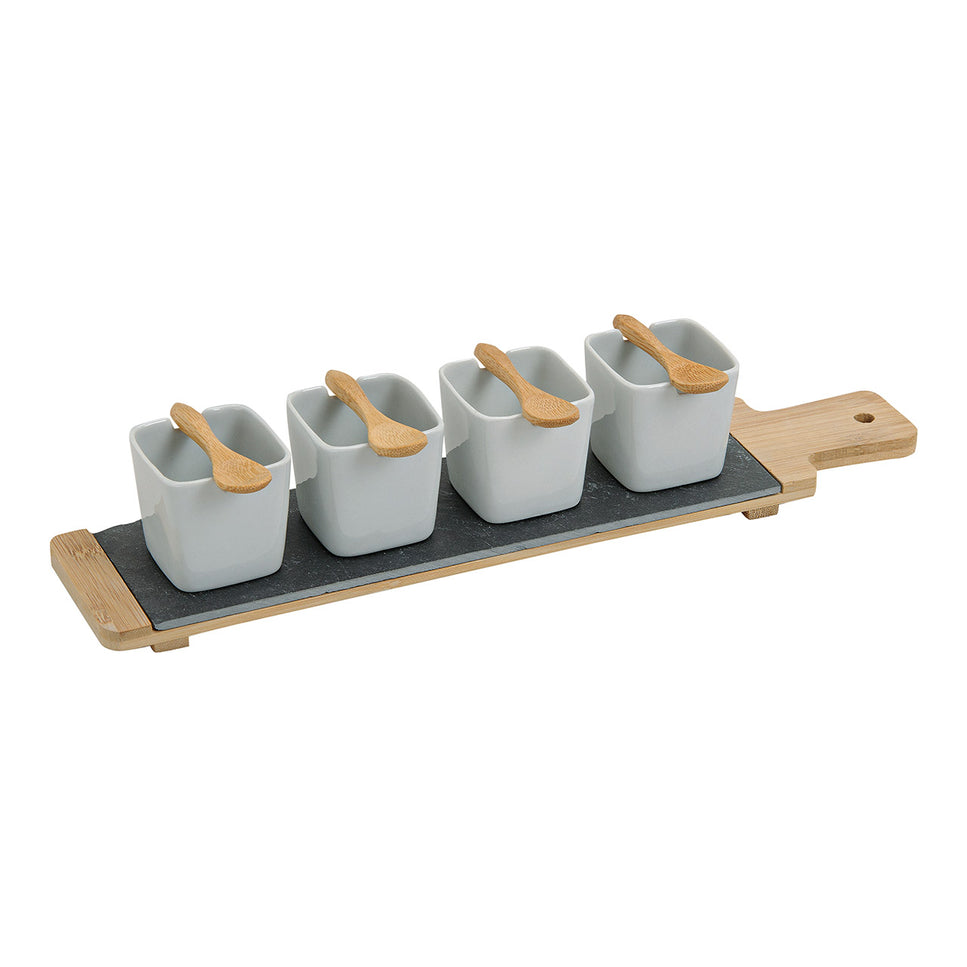 Appetizer-Set mit Schälchen und Servierplatte aus Porzellan/Bambus/Schiefer, 9-teilig. Weiß/Natur (B/H/T) 38x6x8cm.
