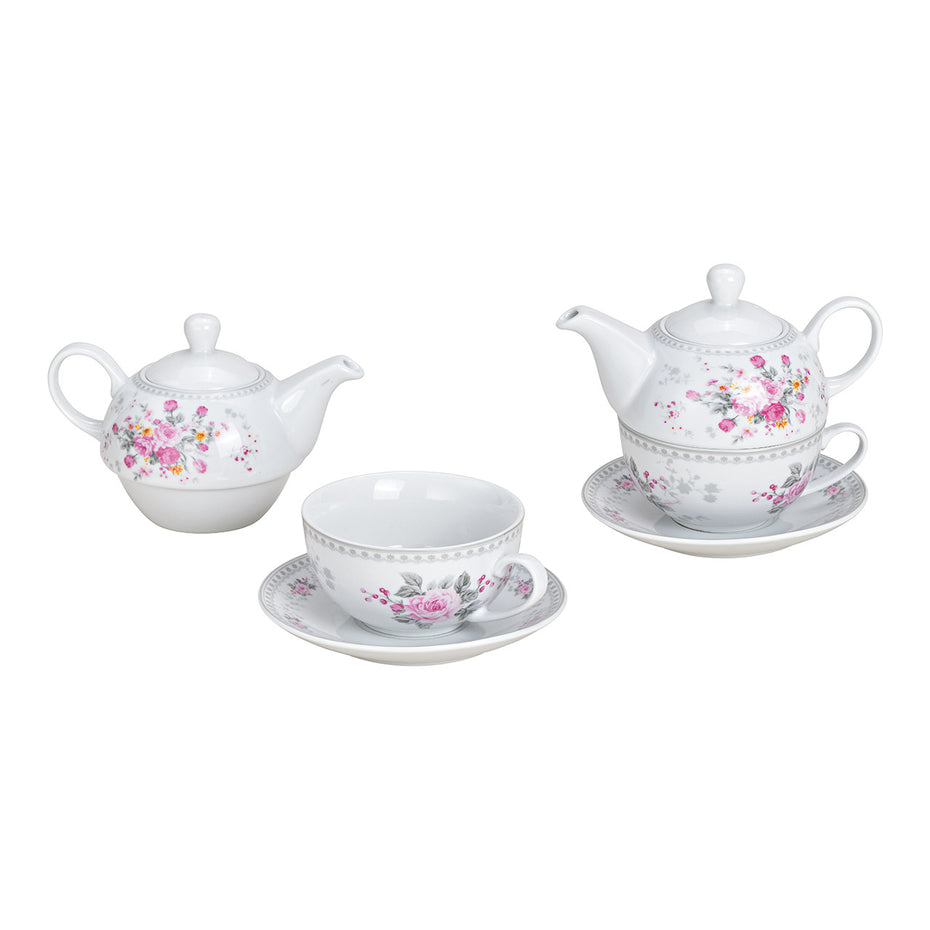 Teekannen-Set mit Rosenmuster aus Porzellan Pink/Rosa, 3er Set, (B/H/T) 16x14x15cm, 200/400 ml.