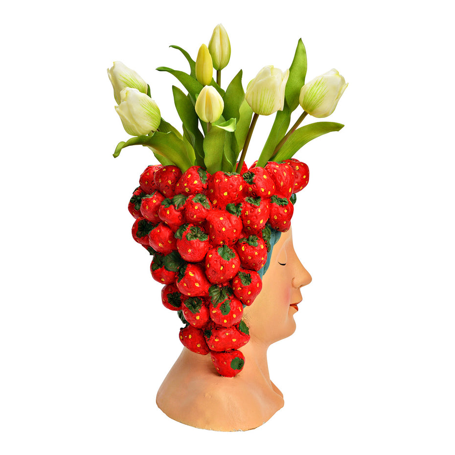 Flowerpot women's head with strawberries made of magnesia, pink/red (W/H/D) 22x28x21cm