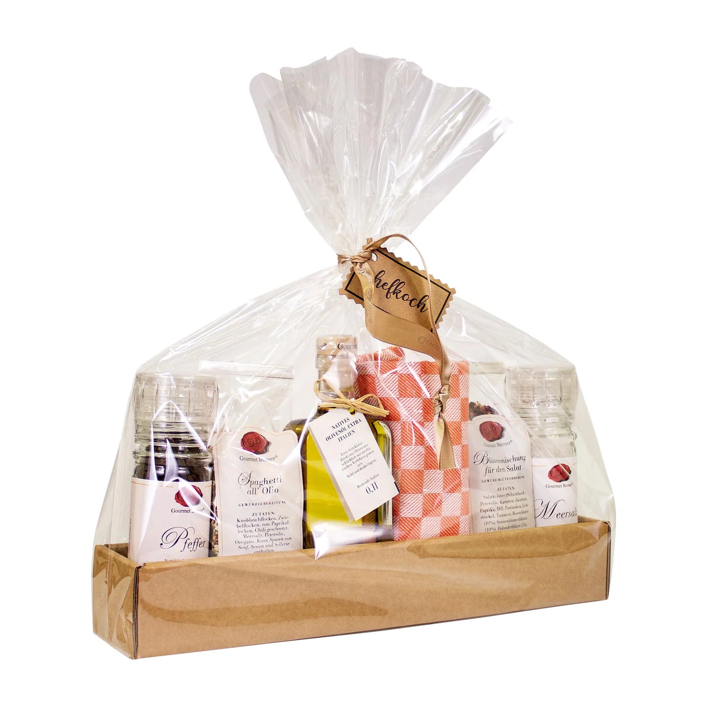 Präsentkarton Küchenparty; Pfeffermühle 45g, Meersalz Mühle 95g, 100g Beutel Spaghetti all Olio, 50g Beutel Blütenmischung für Salat, 0,1l Olivenöl Italien in der Gardi Flasche, Geschirrtuch Braun