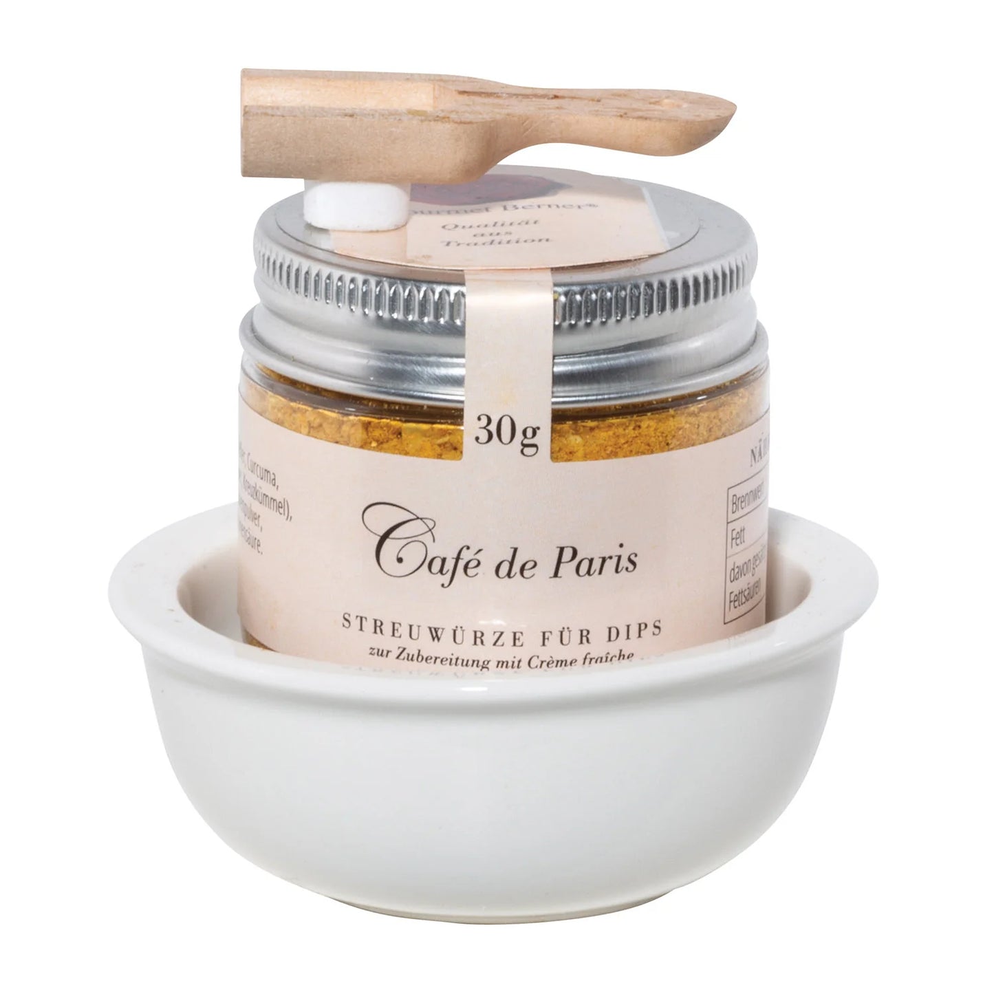 Porzellanschale Präsent "CAFE DE PARIS" Dip, 30g PET in Porzellanschale & Deko- Holzschaufel, (aus Umweltschutzgründen nicht in Folie verpackt)