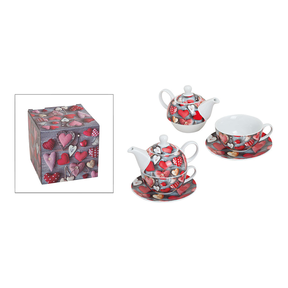 Teekannen-Set mit Herzdekoration, aus Porzellan, 3-teilig