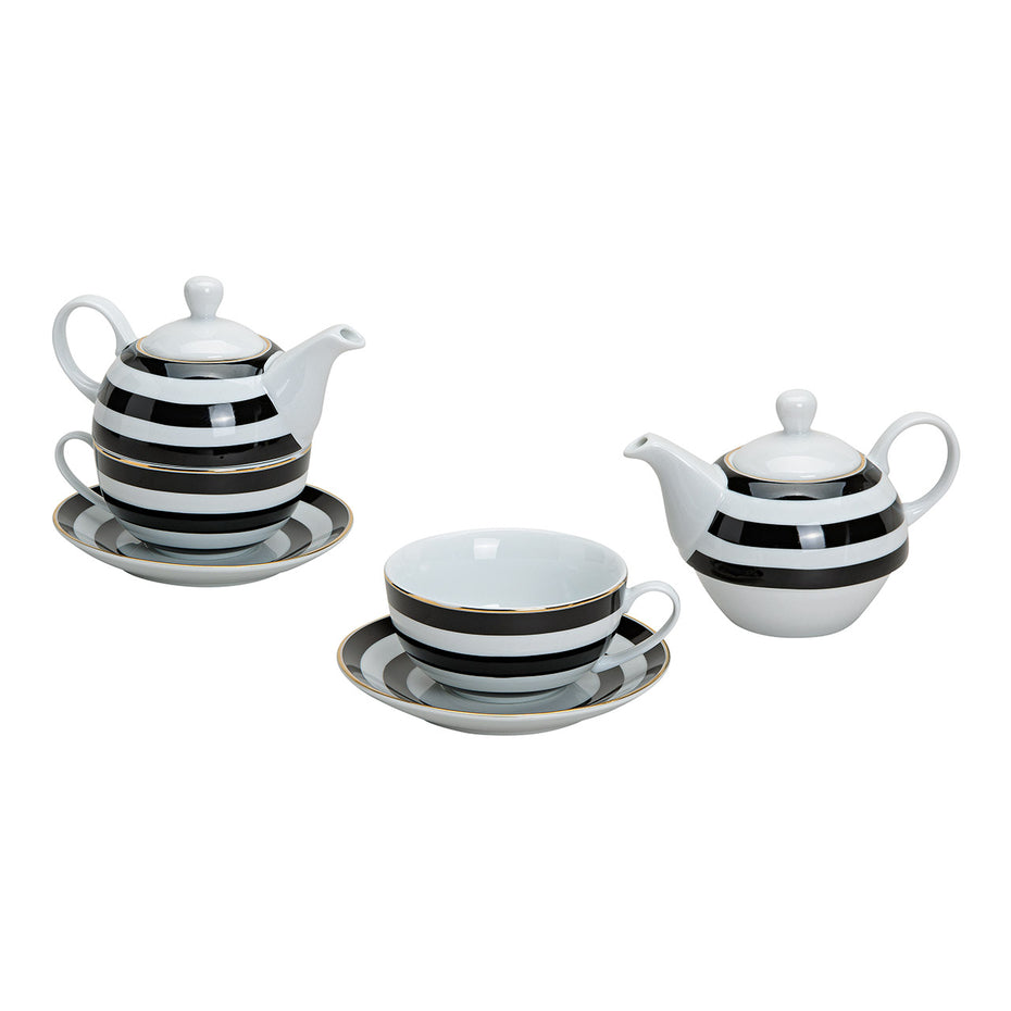 Teekannen-Set mit Streifendekoration aus Porzellan, gold, schwarz, weiß, 3-teilig.