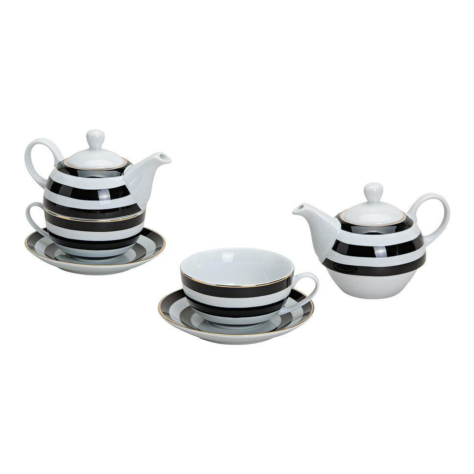 Teekannen-Set mit Streifendekoration aus Porzellan, gold, schwarz, weiß, 3-teilig.