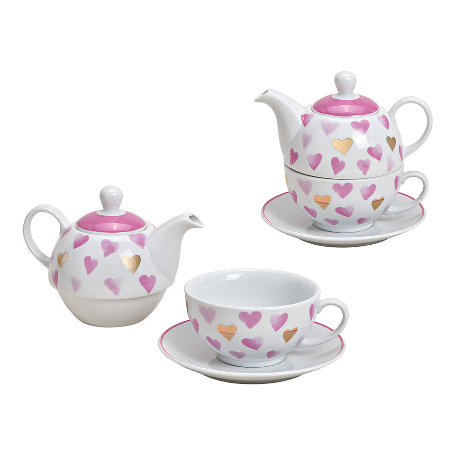 Porzellan-Teeset mit Herzdekor in Weiß, Pink und Gold, 3-teilig, (B/H/T) 16x15x15cm, 400ml/200ml.