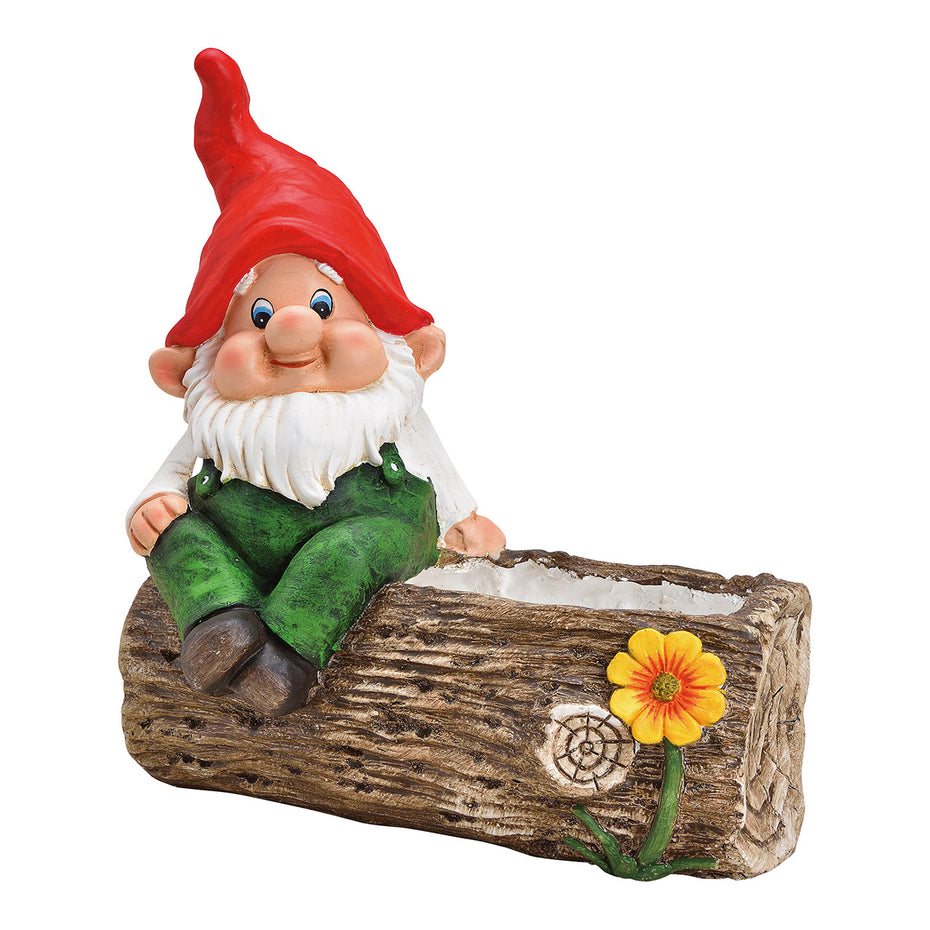 Garden gnome on tree trunk flower pot made of magnesia colorful (W/H/D) 35x40x20cm.