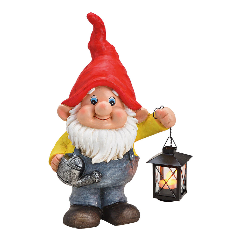 Garden gnome with metal lantern for tea light, made of magnesia, metal, glass colorful (W/H/D) 24x40x15cm.