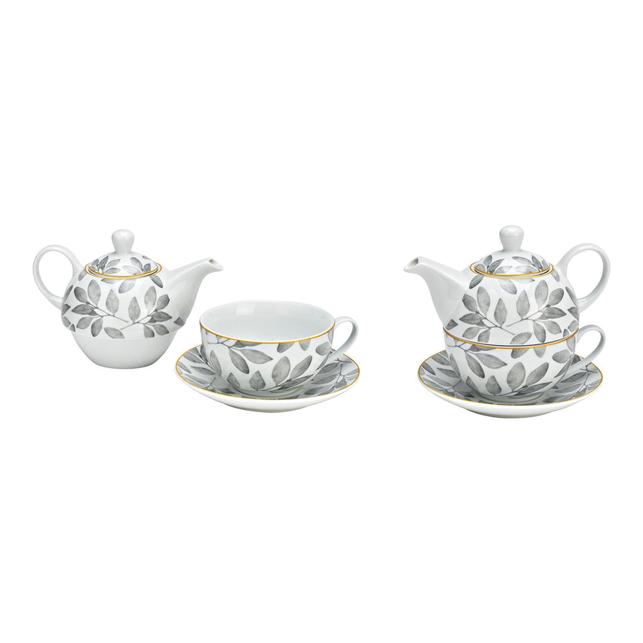 Teekannen-Set Leaf Decor 3-teilig, aus weißem Porzellan, grau (B/H/T) 16x15x15cm 400/200ml