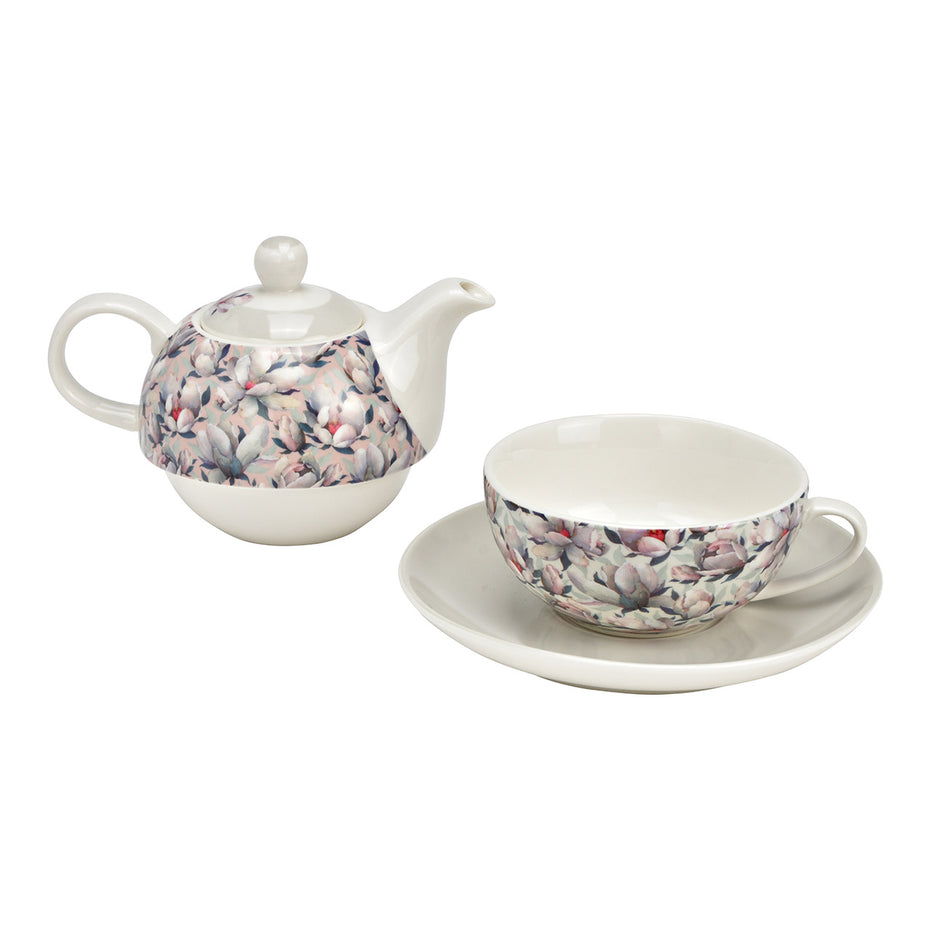 Teekannen Set Magnolie-Blumen Dekor 3-er Set, aus Porzellan beige (B/H/T) 15x16x15cm 400ml/250ml