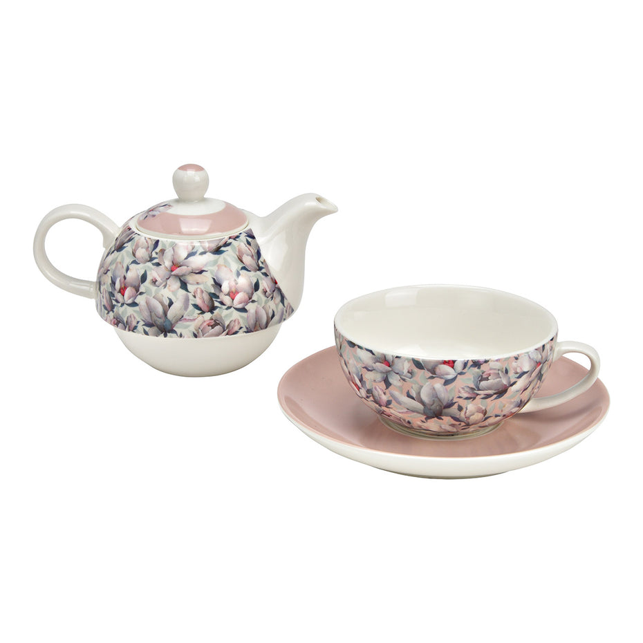 Teekannen Set Magnolie-Blumen Dekor 3-er Set, aus Porzellan pink/rosa (B/H/T) 15x16x15cm 400ml/250ml