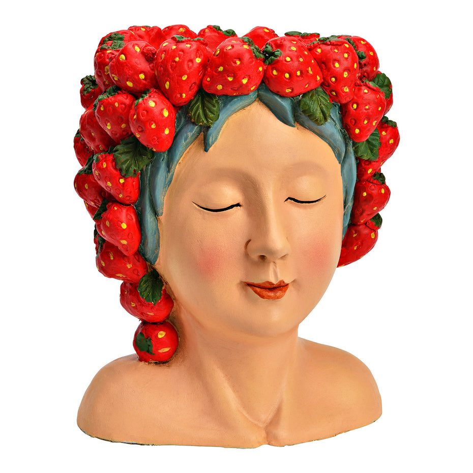Flowerpot women's head with strawberries made of magnesia, pink/red (W/H/D) 22x28x21cm