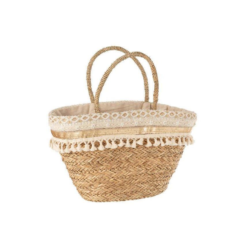 Strandtasche Quasten Perlen Ecru Rattan Naturell