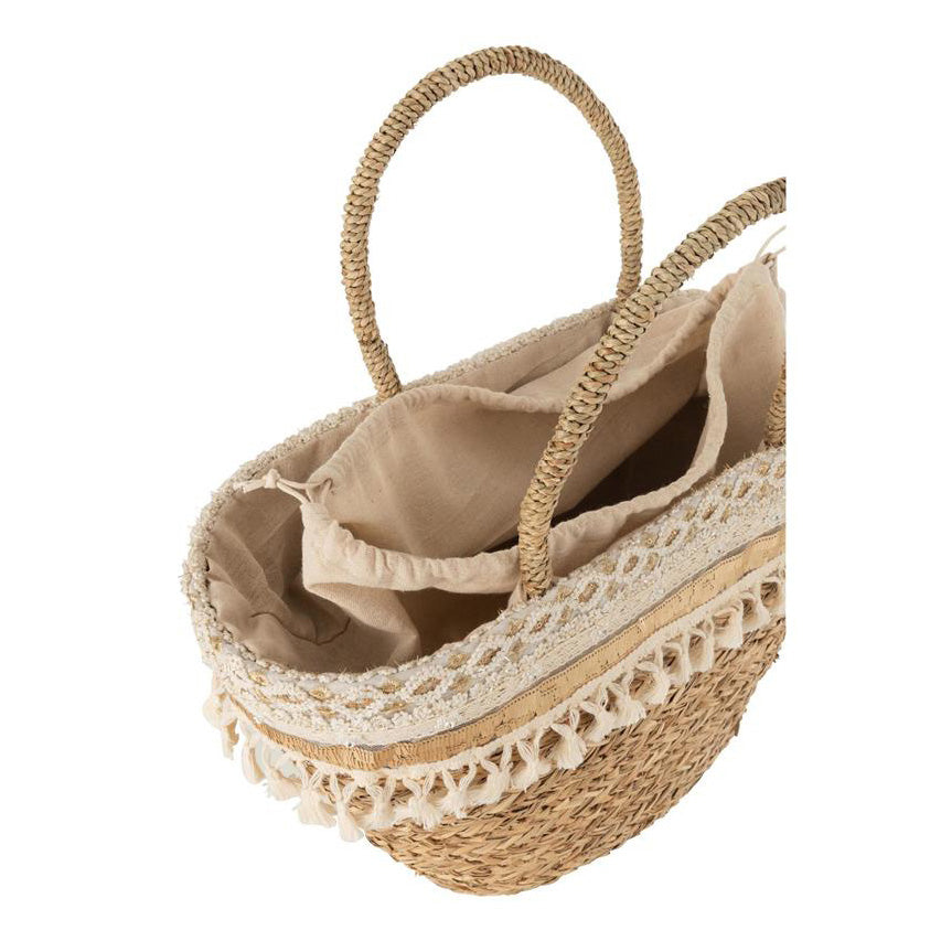 Strandtasche Quasten Perlen Ecru Rattan Naturell