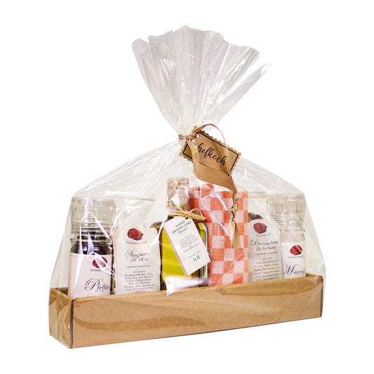 Präsentkarton Küchenparty; Pfeffermühle 45g, Meersalz Mühle 95g, 100g Beutel Spaghetti all Olio, 50g Beutel Blütenmischung für Salat, 0,1l Olivenöl Italien in der Gardi Flasche, Geschirrtuch Braun