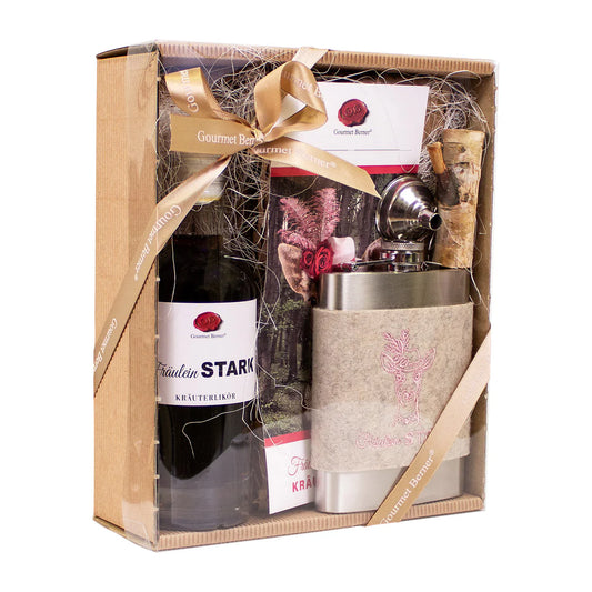Präsentkarton " Fräulein Stark": Inhalt: leerer Flachmann " Fräulein Stark", 0,2l Fräulein Stark Kräuterlikör (Füllung für Flachmann), kleiner Trichter, Produktkarte
