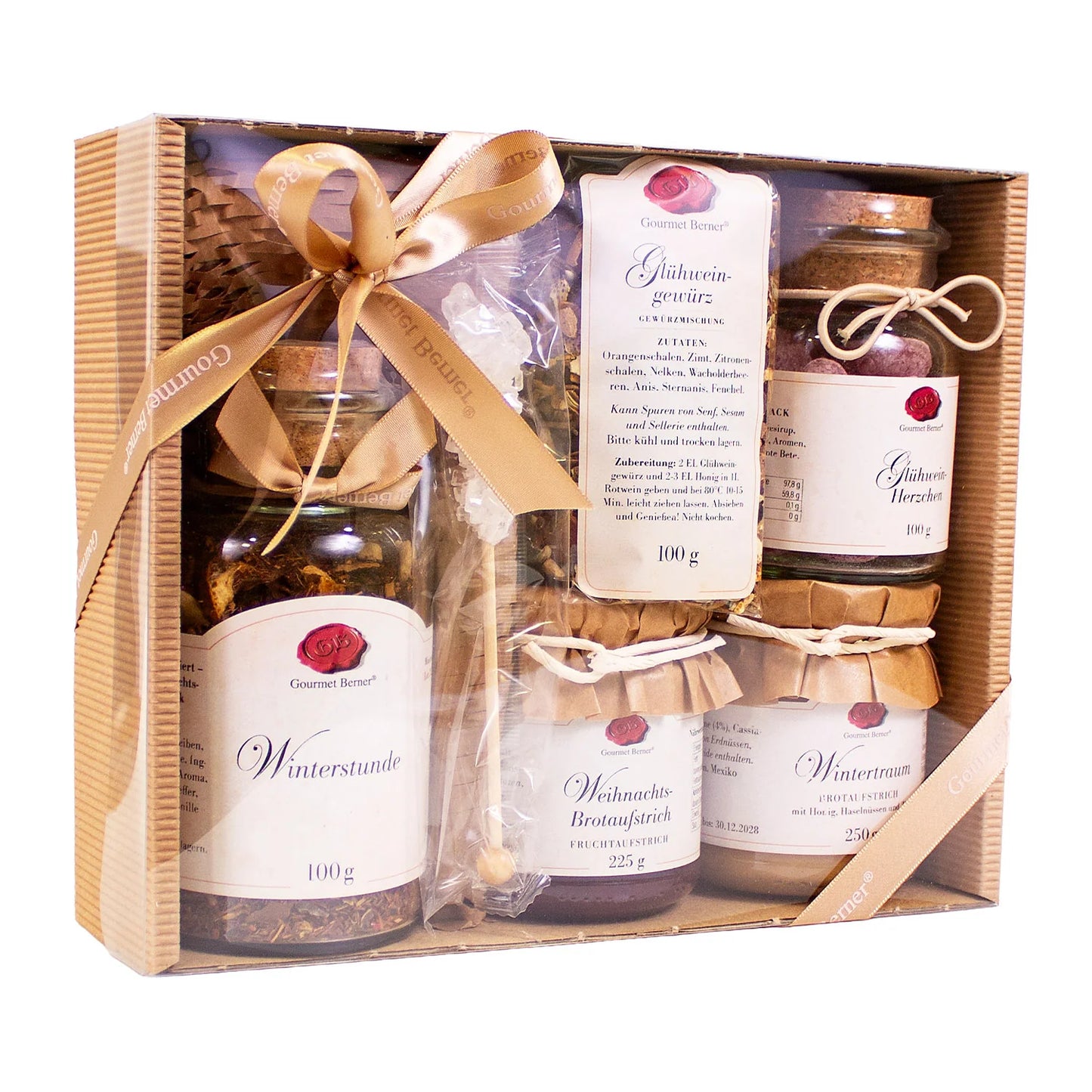 Präsentkarton "Winterzeit". 100g Kalte Jahreszeit Früchtee im Beutel, 225g Winterzeit Fruchtaufstrich, 0,1l Bratapfellikör, 90g Zimtmandeln, 10 Glühweingewürz in Vitro, 12g Bratapfeltee in Vitro, 46g