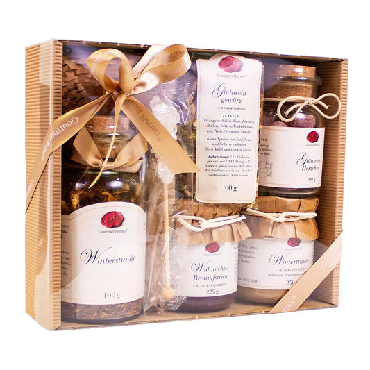 Präsentkarton "Winterzeit". 100g Kalte Jahreszeit Früchtee im Beutel, 225g Winterzeit Fruchtaufstrich, 0,1l Bratapfellikör, 90g Zimtmandeln, 10 Glühweingewürz in Vitro, 12g Bratapfeltee in Vitro, 46g