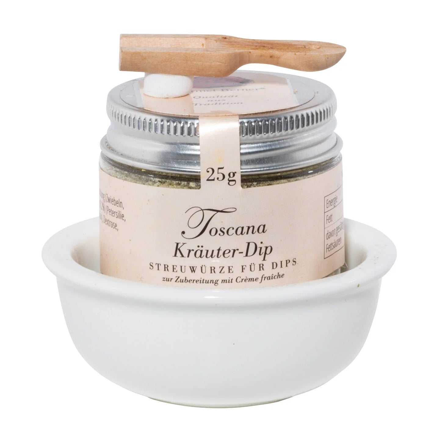 Porzellanschale Präsent "TOSCANA" Dip im 25g PET in Porzellanschale & Deko- Holzschaufel, (aus Umweltschutzgründen nicht in Folie verpackt)