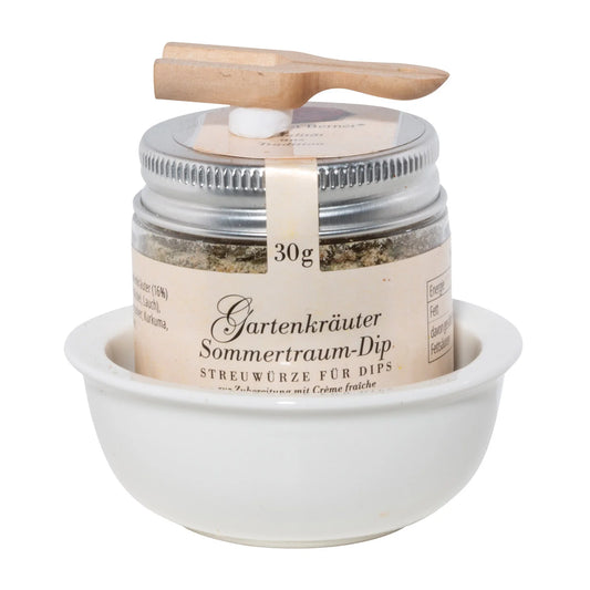 Porzellanschale Präsent "GARTENKRÄUTER SOMMERTRAUM" Dip, 30g PET in Porzellanschale & Deko- Holzschaufel, (aus Umweltschutzgründen nicht in Folie verpackt)