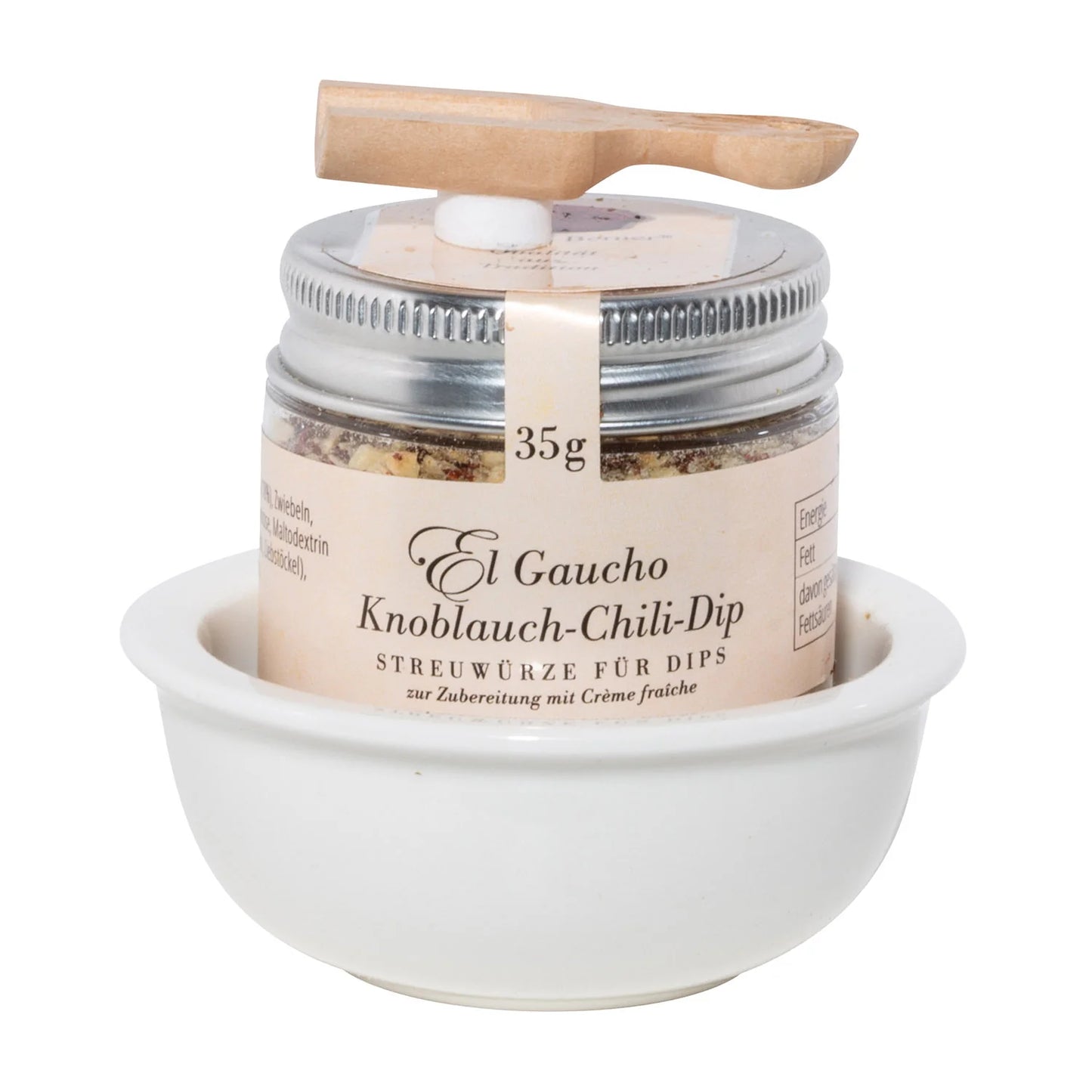 Porzellanschale Präsent "KNOBLAUCH CHILI EL GAUCHO" Dip im 35g PET in Porzellanschale & Deko- Holzschaufel, (aus Umweltschutzgründen nicht in Folie verpackt)