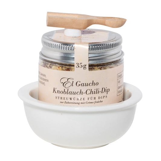 Porzellanschale Präsent "KNOBLAUCH CHILI EL GAUCHO" Dip im 35g PET in Porzellanschale & Deko- Holzschaufel, (aus Umweltschutzgründen nicht in Folie verpackt)