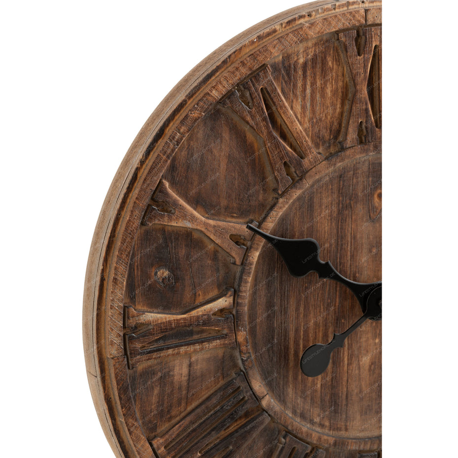 Wanduhr mit Holzscheibe und römischen Zahlen, MDF, Braun, Klein