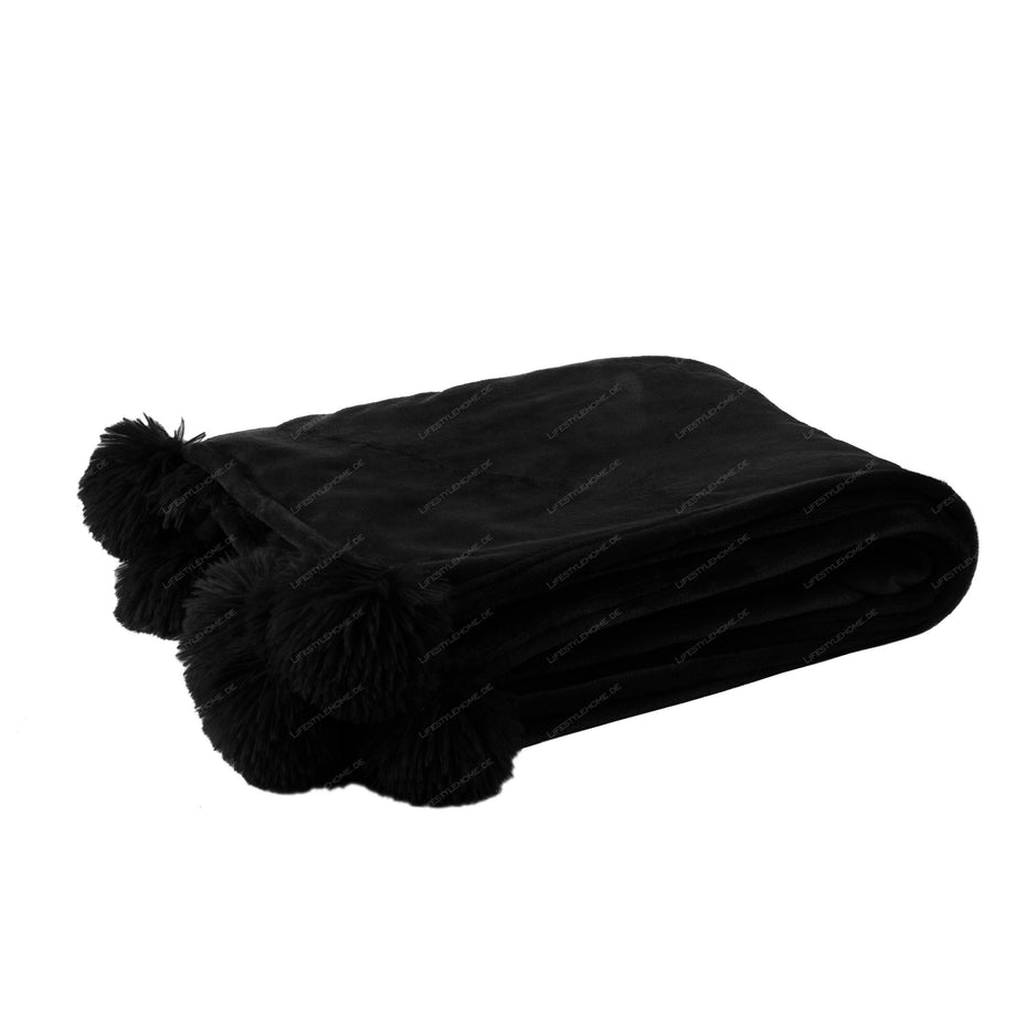 Decke PomPom aus Polyester, schwarz