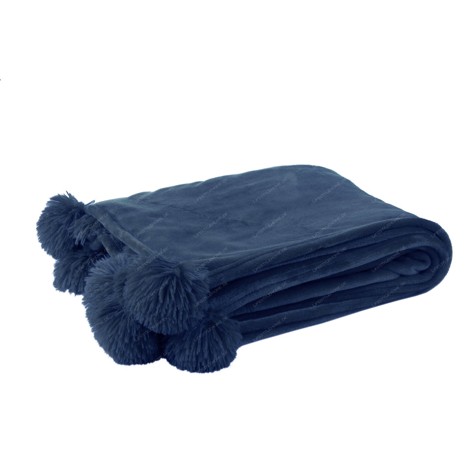 Decke PomPom aus Polyester, blau